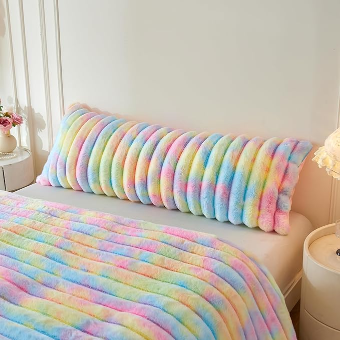 MEGO Fluffy Faux Rabbit Fur Body Pillow Cover, Luxury Plush Fuzzy Striped 20x54 Tie Dye Body Pillowcase Bedroom, Shaggy Furry Zippered Bedroom Long Pillow Case for Pregnant Women Side Sleeper, Rainbow