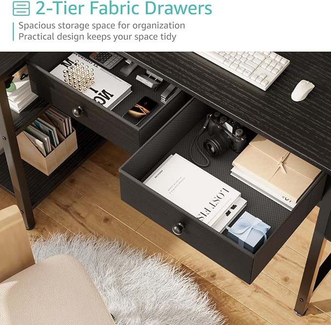 DLisiting Black Corner Desk for Small Space with Drawers, Reversible Gaming L Shaped Computer Desk with Storage Shelves for Boys, Corner Work Study PC Desks for Bedroom