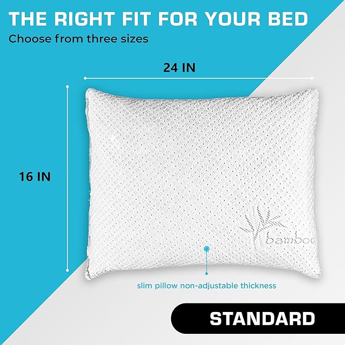 Xtreme Comforts GREENGUARD Certified Standard Bed Memory Foam Pillows (2 Pack) | Slim Cooling Pillow for Sleeping on Side, Back & Stomach - Firm and Soft Bed Pillows - USA Made