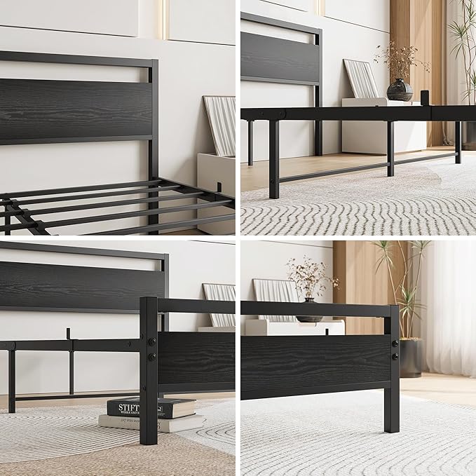HOJINLINERO Queen Bed Frame with Wood Headboard,Metal Platform Bed Frame Queen Size with Storage No Box Spring Needed,Heavy Duty Queen Size Bed Frame Metal Slats Support Mattress Base No Noise,Black