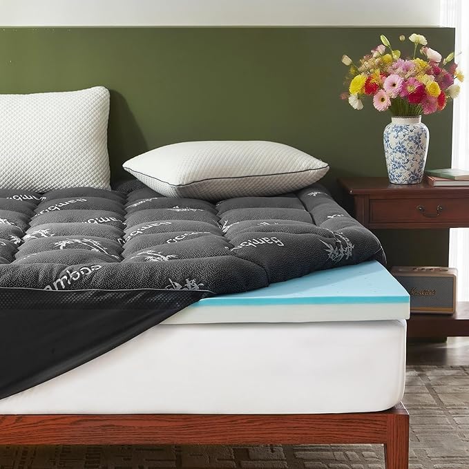 BEDLORE 4 Inch Memory Foam Mattress Topper Full,2-in-1 Dual Layer Design (2" Gel Memory Foam + 2" Plush Pillow Top Cover) Mattress Topper Medium-Firm,Pressure Relief & Back Pain Support(Dark Gray)