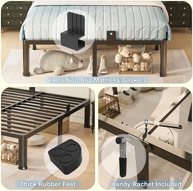 Yitong Angel 14 inch Queen Bed Frame with Round Corner Legs Mattress Slide Stopper,3500 lbs Heavy Duty Metal Platform,Steel Slats Support,No Box Spring Needed,Easy Assembly,Noise Free