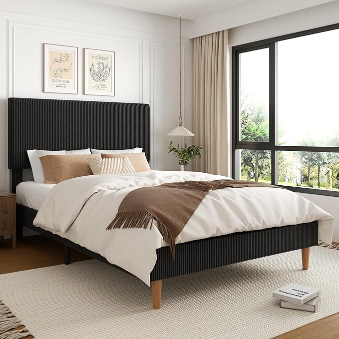 Queen Size Bed Frame, Upholstered Platform Bed with Adjustable Headboard, Vertical Fluted Tufted, Soft Corduroy Fabric, Wooden Slats Support, No Box Spring Needed, Easy Assembly, Black