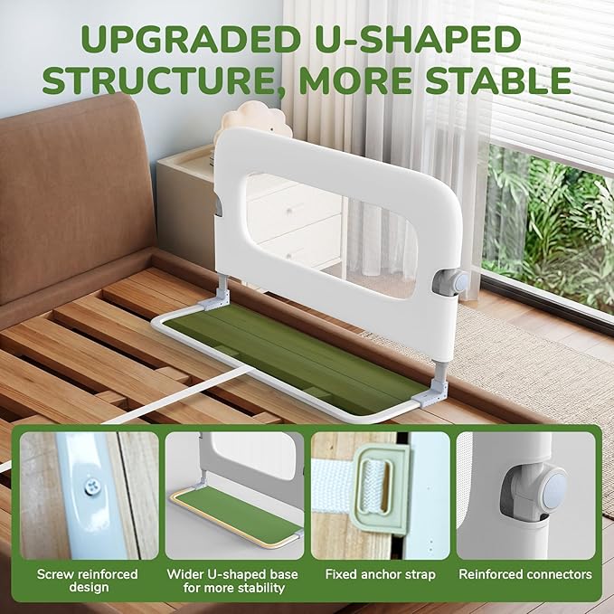 Bed Guard Rail for Toddlers - 32" Adjustable Heights & Folding up Portable Bed Railing for Baby - Toddler Bed Rails Guard for Crib, Twin, Bunk,Full Size, Queen & King Bed(White)
