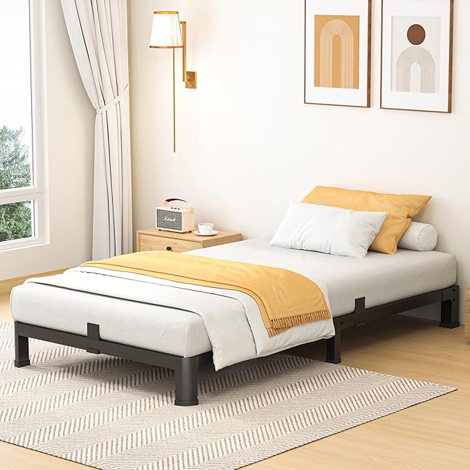 7 Inch Twin Bed Frame, Metal Platform Bed Frame with Round Corner Legs, 3500 lbs Heavy Duty Steel Slats Support, No Box Spring Needed, Noise Free, Easy Assembly, Black