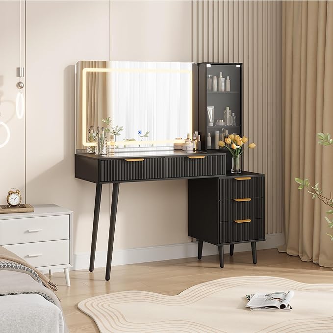 Garvee 48" Fluted Makeup Vanity Desk with Mirror and Lights, Glass Top Vanity Table with 5 Drawers, Open Shelf and Power Outlet, Modern Dressing Table for Bedroom and Living Room