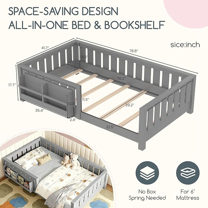 Bellemave Twin Floor Bed Frame with Fence & Bookshelf, Solid Pine Wood Twin Montessori Floor Bed with Slats Load 300LBS, Low Profile Floor Bed for Kids, Bedroom, Nursery, Easy Assembly, Grey