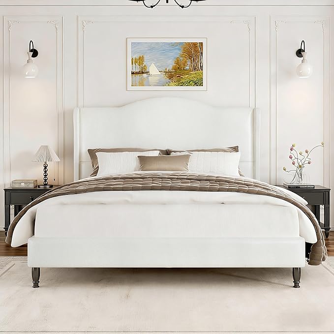 Upholstered Bed Frame with Tall Headboard, Leather Queen Platform Bed Frame with Wingback Sides, Wood Slats Support, Noise-Free Design, No Box Spring Needed, Easy Assembly, White