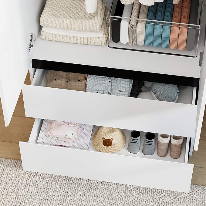 White Wardrobe Closet with Doors: 75" Large Capacity Bedroom Armoire, Wooden Cabinet with 6 Drawers, Hanging Storage Shelves with Hanging Rod (Contemporary, 3)