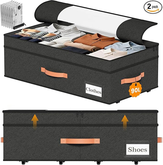 TOSKING 2-Pack Under Bed Storage Drawers with Wheels, 6 Vacuum Bags, Adjustable Height 7.9-10.2", Large 90L/80 lbs Clear Lid, 900D Oxford, Space Saver for Dorm Bedroom, Blankets, Clothes, Shoes, Black