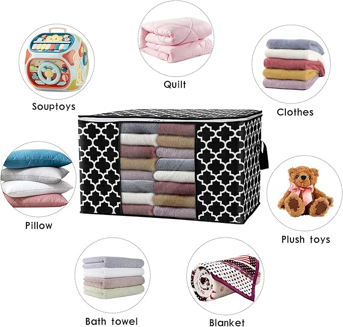 WISELIFE Storage Bags 100L 4-Pack Large Blanket Clothes Organization and Storage Containers for Bedding, Comforters, Foldable Organizer with Reinforced Handle, Clear Window, Sturdy Zippers, Black