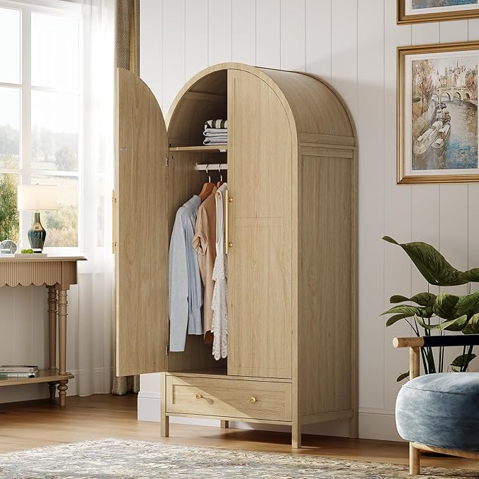 VINGLI Arched Wardrobe Closet Armoire with Doors and Drawer, 70" Tall Wooden Wardrobe Cabinet,Clothing Storage Cabinet, Large Capacity Storage, Natural Oak