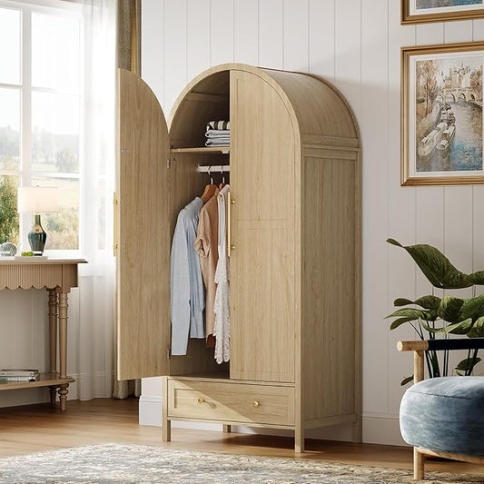 VINGLI Arched Wardrobe Closet Armoire with Doors and Drawer, 70" Tall Wooden Wardrobe Cabinet,Clothing Storage Cabinet, Large Capacity Storage, Natural Oak