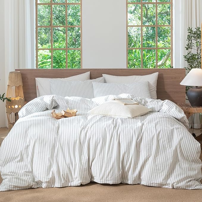 MooMee Striped Duvet Cover Set 100% Washed Cotton Linen Like Textured Breathable Durable Soft Comfy (White Heathered Green Wide Stripes, Oversized Queen 98"x98")