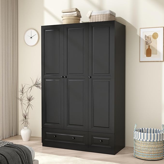 Armoire Wardrobe Closet with Drawers: 47" Black Wardrobe Closet with 3 Doors and 2 Drawers, Wood Clothes Armoire with Hanging Rod, Clothing Storage Cabinet for Bedroom