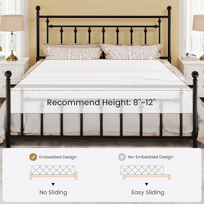 SHA CERLIN 14" King Size Metal Platform Bed Frame/Victorian Headboard and Footboard/Steel Slats Mattress Foundation for Storage/No Box Spring Needed/Noise Free/Black