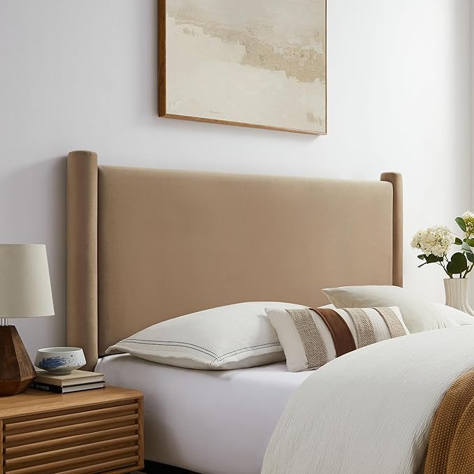 Modway Rael King Upholstered Headboard with Pillars in Taupe – Velvet Headboard – Stain-Resistant Performance Velvet Headboard for King Size Beds