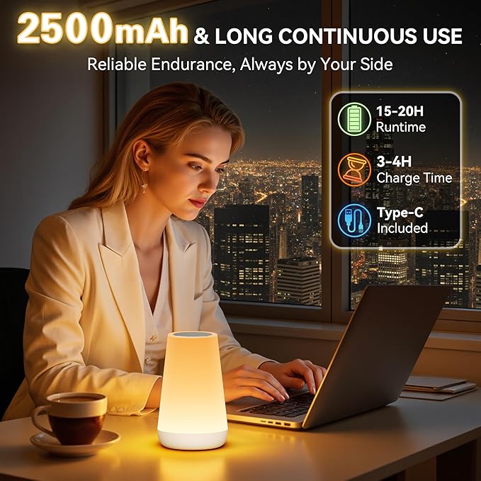 Auxmir Rechargeable LED Night Light, Touch & Remote Control Bedside Lamp with 13 Colors, 5 Brightness Levels, Portable Table Lamp for Kids Baby Nursery, Bedroom, Bathroom, Camping, White