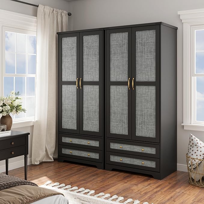 Yechen 71" Wooden Armoire Wardrobe Closet Set of 2- Modern Functional Clothes Tall Storage Cabinet with Adjustable Shelf and Hanging Rail, Sturdy Freestanding Closet Wardrobe with 2 Wide Drawers