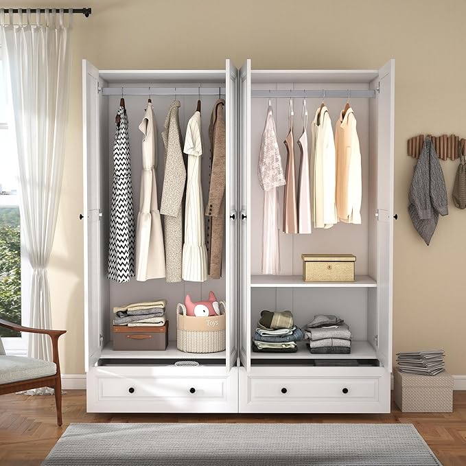 Armoire Wardrobe Closet with Drawers: 74" White Wardrobe Close with 4 Doors, Tall Armoire with Hanging Rod, Large Wood Clothes Cabinet for Bedroom (White, 63")