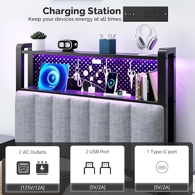 VINGLI Twin or Twin XL Size Headboard, Adjustable Upholstered Headboard with 2 Tier Shelves and Pegboard with Charging Stations and LED Lights, Modern Bed Headboard with Storage for Bedroom Decor