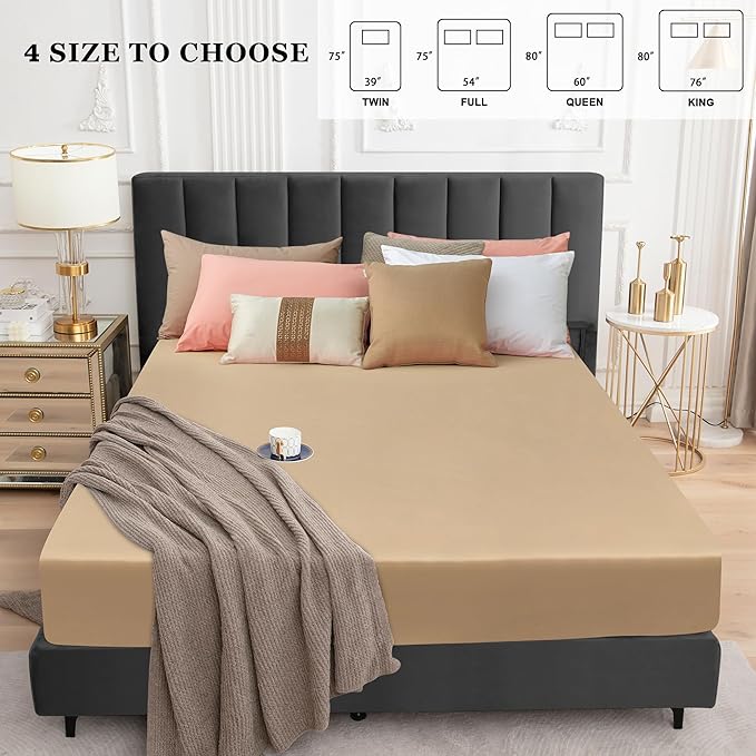 Sufdari Queen Size Mattress Protector,Waterproof Mattress Protector,Fitted Sheet Style Mattress Cover with 18" Deep Pocket,Washable and Comfortable-Light Tan,Queen