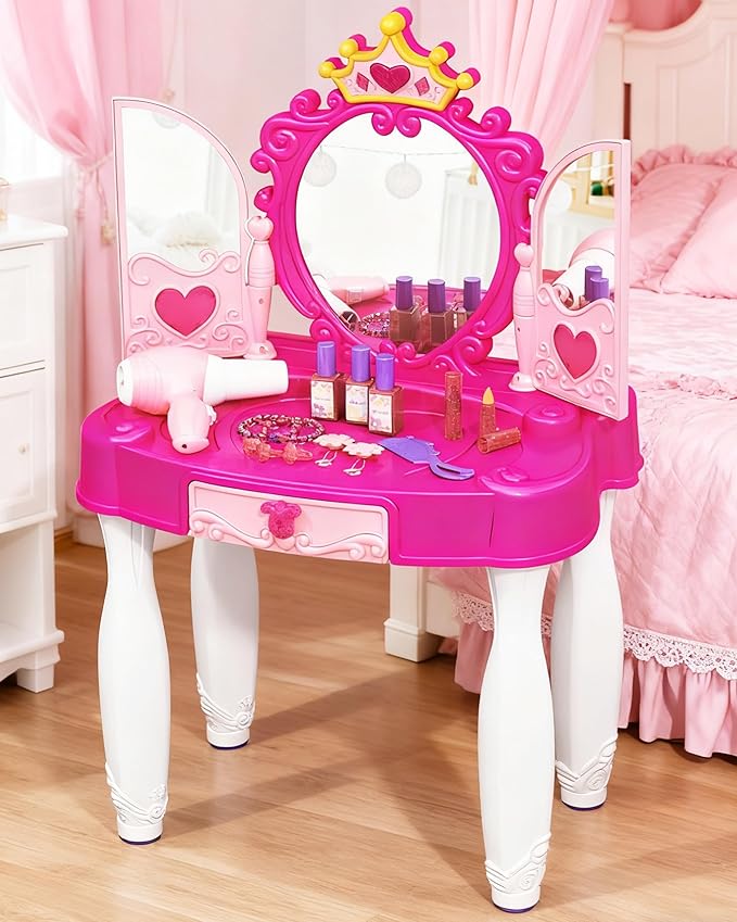 Eohemeral Toddler Makeup Table with Mirror and Chair, Kids Makeup Vanity Set with Accessories and Lights and Music Sound for Girls, Toddlers 3-5 Years Old
