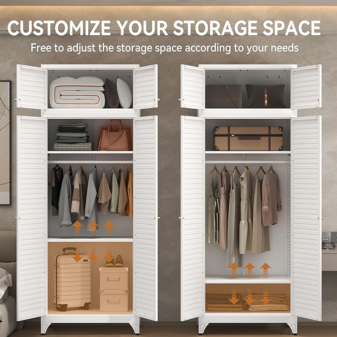 Polup Metal Armoire Wardrobe Closet, 86" Tall Wardrobe Armoire with Hanging Rod, Almirah for Clothes with Doors, 18" D x 32" W x 86" H, White, Assemble Required, Shipped in Two Packages