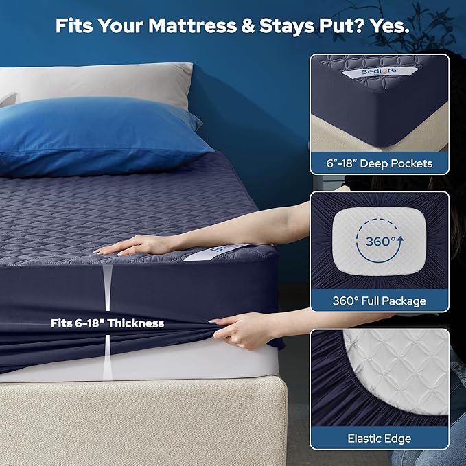BEDLORE 2 Pack Waterproof Mattress Protector, Queen Size Pad Noiseless with Deep Pocket Fitted for 6"-18", Soft Breathable Dirt Proof Bed Mattress Cover Washable for Home, Bedroom, Hotel (Navy Blue)