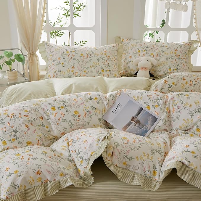 mixinni 100% Cotton Duvet Cover Set Twin, Reversible Spring Floral Ruffle Green Striped Bedding for Girls, French Country Cottagecore Aesthetic 3PC Duvet Cover with Zipper Closure & Pillowcases