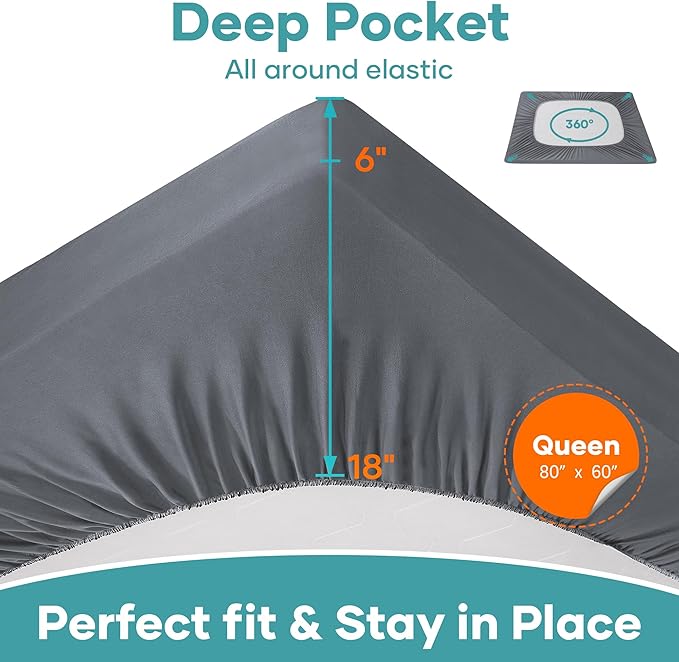 OhGeni 100% Waterproof Mattress Protector, Queen Grey Size, Fitted Sheet with Deep Pockets, 6''-18'', Premium Noiseless Breathable Soft Material, Mattresses Cover for Bed