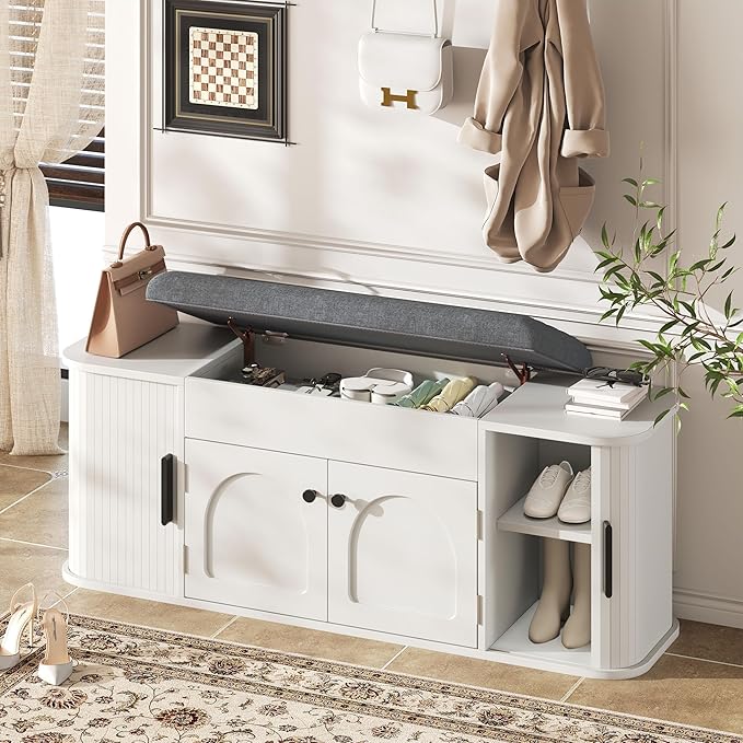 Einhomn 47.2'' Sliding Door Entryway Shoe Storage Bench with Seat Cushion, Shoe Rack with Lift-Top Hidden Storage & Adjustable Shelf, Bench for Bedroom End of Bed, White