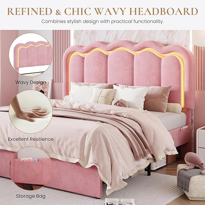 SHA CERLIN Upholstered Queen Size Bed Frame with LED Lights and Large Storage Drawer, Velvet Platform Bed with Adjustable Wavy Headboard, Noise Free, Easy Assembly, No Box Spring Needed, Soft Pink