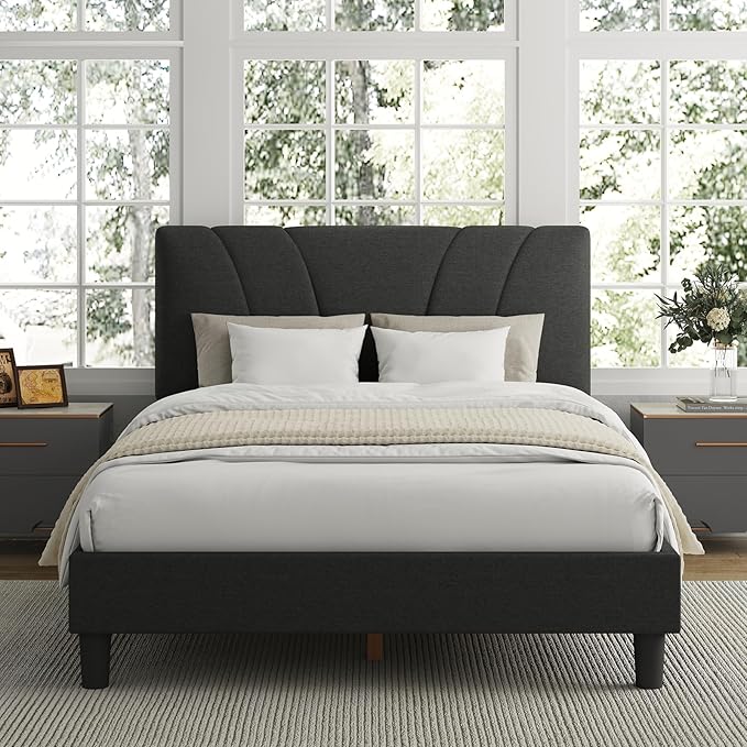 Avenco Queen Bed Frame, Upholstered Platform Bed Frame with Adjustable Headboard, Wood Slat Support, Easy Assembly, No Box Spring Needed, Dark Grey