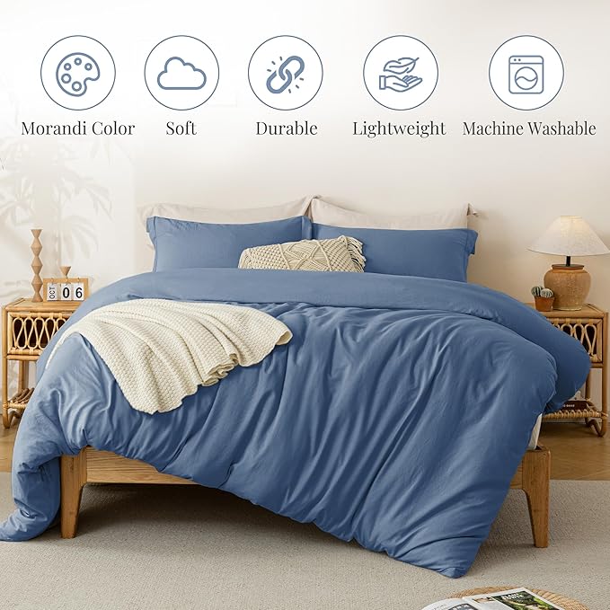 MILDLY Super Soft Duvet Cover - 100% Washed Microfiber Light Denim Comforter Cover Set 3 Pieces with Zipper Closure & Corner Ties (No Comforter)