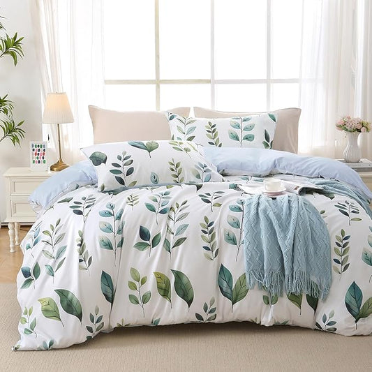 Duvet Cover King Size, Reversible Floral Vintage Duvet Cover Set with Zipper Closure, 3 Pieces Botanical Patterns Soft Microfiber Bedding Set (90"x104", 2 Pillow Cases 20"×36", Green Foliage White)