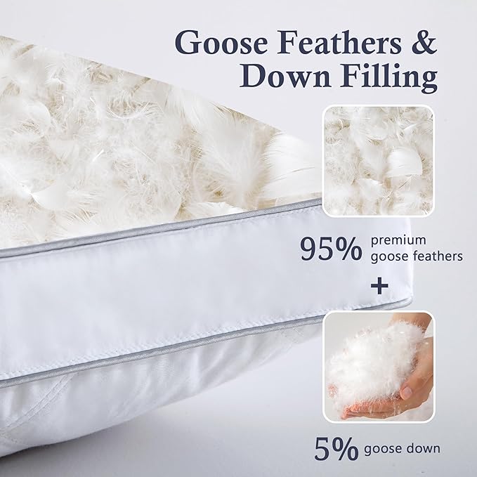 puredown® Made in USA Goose Feather Down Gusseted Pillows,100% Cotton Cover, Pillows Queen Size Set of 2, Hotel Pillow Luxury Gusseted Bed Pillows for Sleeping