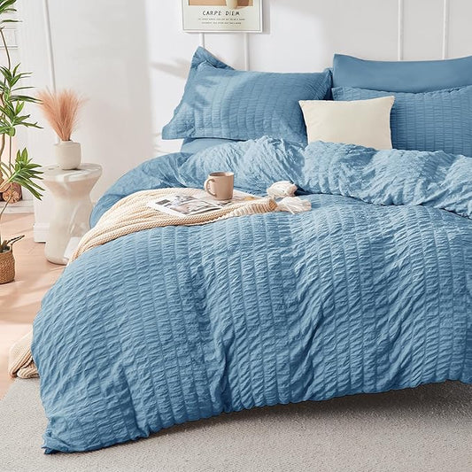 HYMOKEGE Mineral Blue Duvet Cover Queen Size, Ultra Soft 3-Piece Seersucker Duvet Cover Set with Zipper Closure, Soft Brushed Microfiber Bedding Set with 8 Corner Ties (90"x90", 2 Pillowshams)