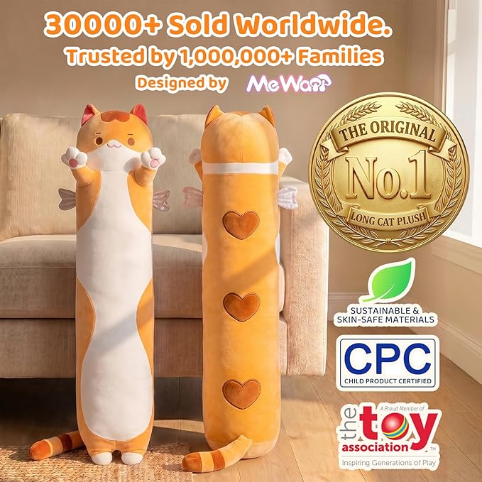Mewaii Long Cat Plush 5 Sizes, 120% Extra Filling Giant Plushness Kids Body Pillow, Kawaii Cute Brown Cat Stuffed Animals Plushies, Big Long Body Pillow Cat Plush Gift for Girls 53”