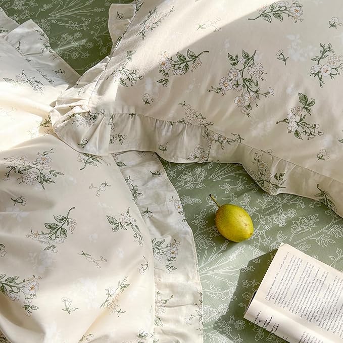 mixinni Reversible Sage Green Floral Duvet Cover Set Queen Size - 100% Cotton Cute Botanical Patterns Bedding Set with Ruffle Lace, 3PCs Beige Soft Aesthetic Cottagecore Style Duvet Cover for Girls
