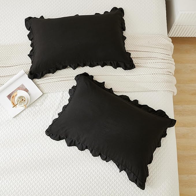 Black Pillowcases King Pillowcases Ruffled Pillow Shams Set of 2 Cute Pillowcases Solid Ruffled Fringe Design Shabby Chic 2 Pack (King (20''x36''), Black)