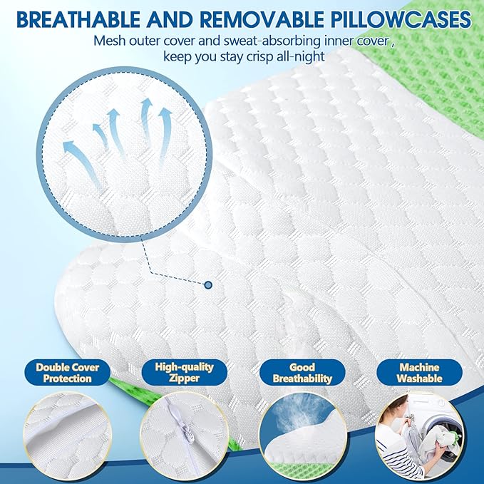CHxxy Memory Foam Pillows, Cervical Pillow for Neck and Shoulder Pain Relief, Ergonomic Contour Bed Pillow, Soft for Side Sleep Stomach Sleeping and Back Sleeper-Queen Size&Green