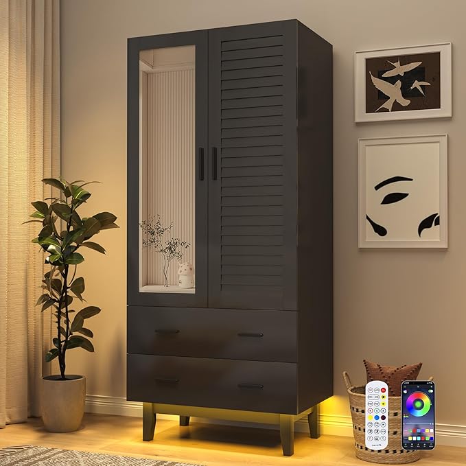 jiteentarou 2 Door Armoire Wardrobe Closet Cabinet with Drawers and LED Lights, Multi-Tier Shelves, Hanging Rod & 2 Louver Doors, Large Capacity Storage Wardrobe Armoire for Bedroom(2 Doors Black)