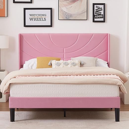 VECELO Queen Size Bed Frame Upholstered Platform with Fabric Headboard/Wooden Slats Support/No Box Spring Needed/Mattress Foundation,Pink