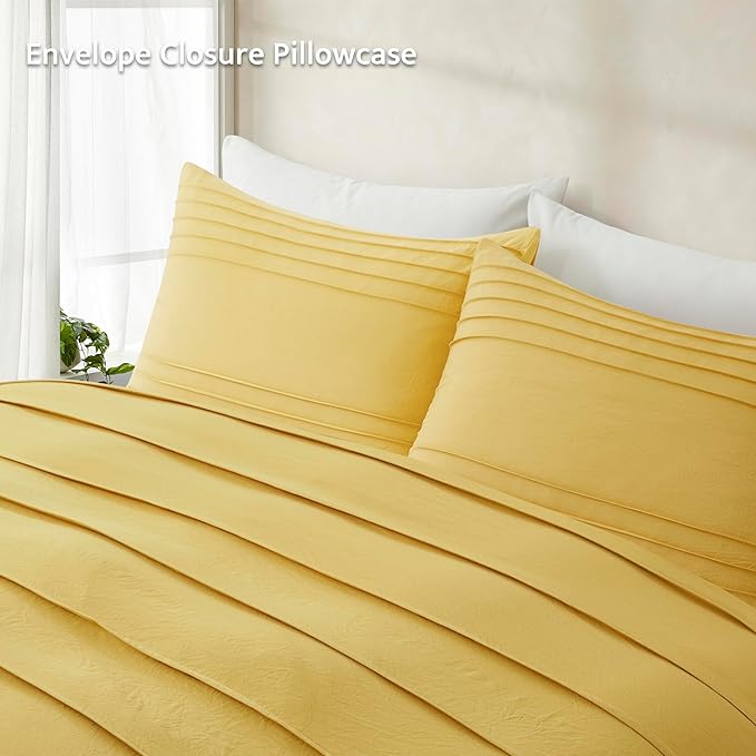 Oli Anderson Mist Yellow Duvet Cover Queen Size - Pleated Queen Duvet Cover, 3PCS Soft and Breathable Textured Bedding Set with Zipper Closure(Mist Yellow,90"x90")