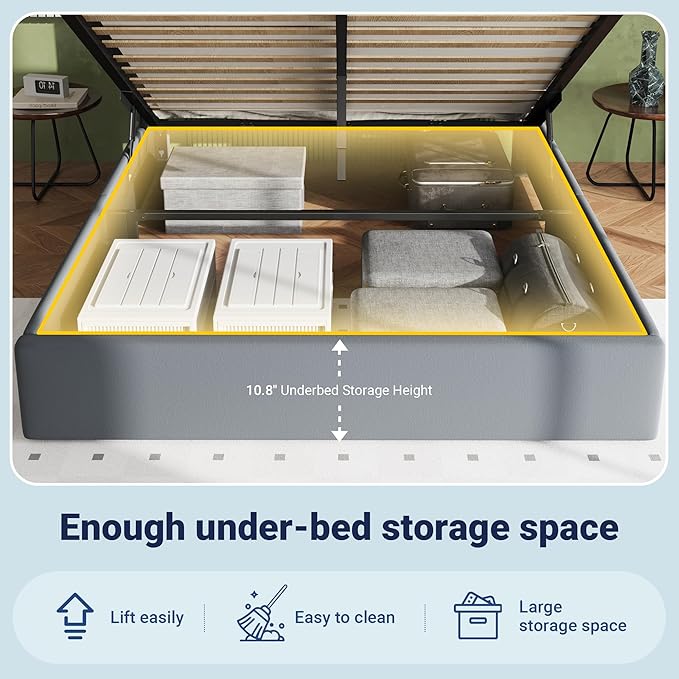 Allewie Full Size Lift Up Storage Bed Frame with Charging Station & LED Lights, Adjustable Velvet Upholstered Storage Headboard, Type-C & USB Ports, Hydraulic Support, No Box Spring Needed, Grey