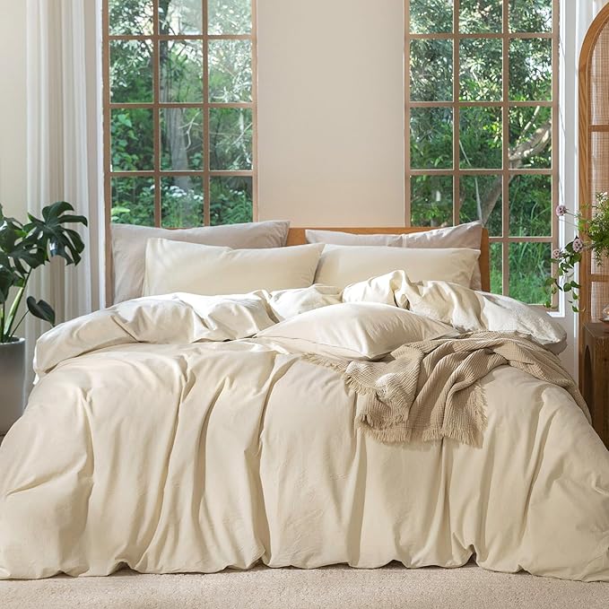 MooMee Bedding Duvet Cover Set 100% Washed Cotton Linen Like Textured Breathable Durable Soft Comfy (Heathered Almond Milk Grey, Super King Plus 120"x120")