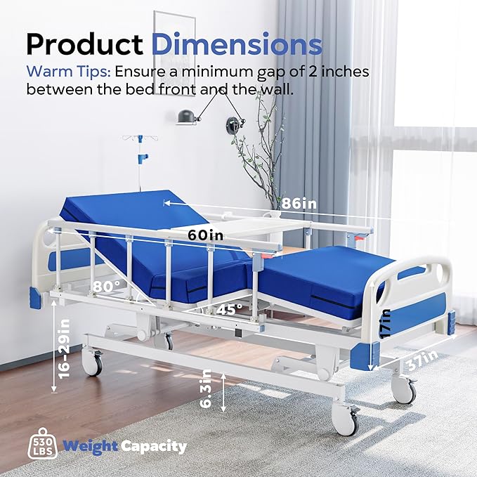 Premium Full Electric Hospital Bed for Home Use, 3 Function Medical Bed with 4.7” Foam Mattress, Height Adjustable, Individual Locking, Includes Tray and Sheets (2X) (3 Function)