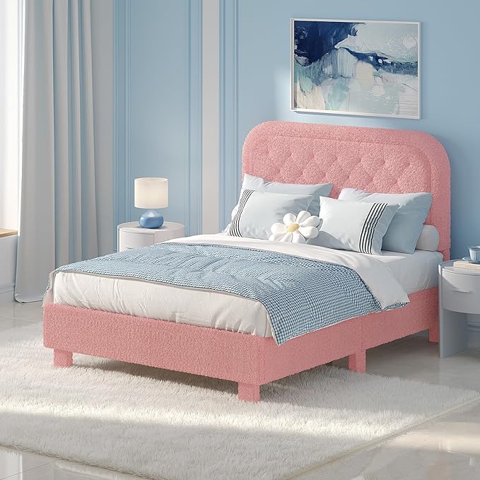 VINGLI Cloud Queen Bed Frame with Boucle Headboard,Cozy Soft Platform Bed with Wooden Slats, Cute Fabric Headboard, Cream Modern Style,Noise Free,Rounded Corners,Pink