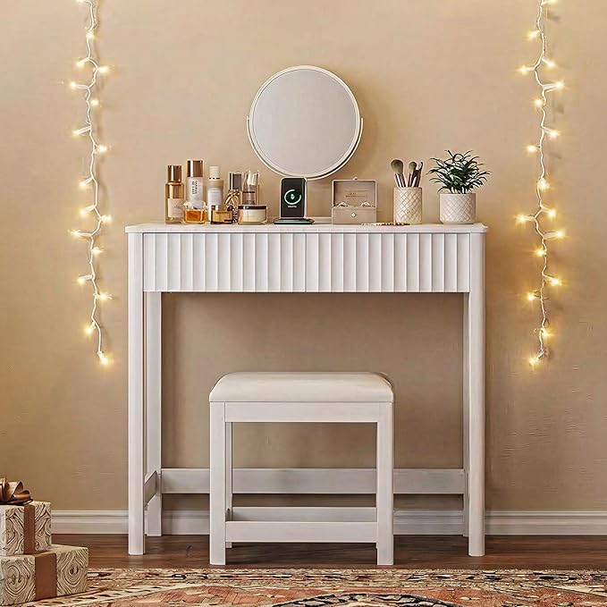 ChooChoo 40 Inch Modern Desk with Drawers, Makeup Vanity Desk with Padded Stool, Small Home Office Desk for Bedroom, White